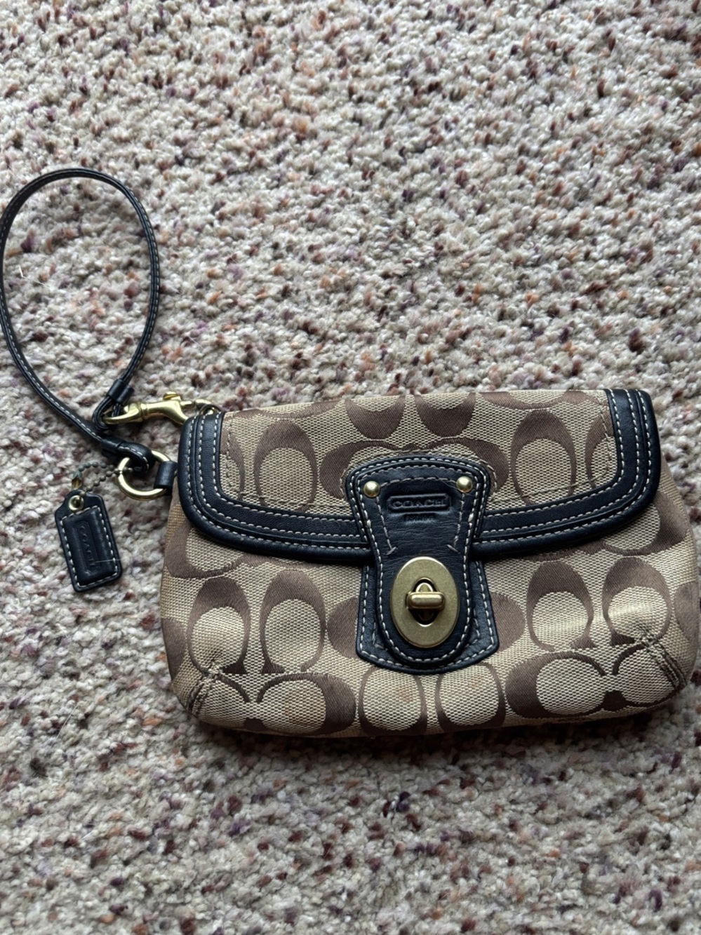 Coach Beige & Brown Signature Canvas Wristlet with Gold Hardware
